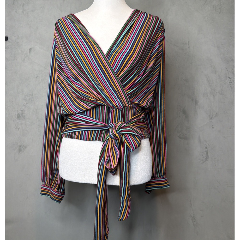 Maeve Anthropologie Wrap Blouse Women's US 4 Multicolor Stripe Tie Waist Top